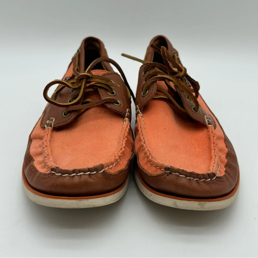 Polo by Ralph Lauren Coral Canvas and Brown Leather Boat Shoes with White Sole